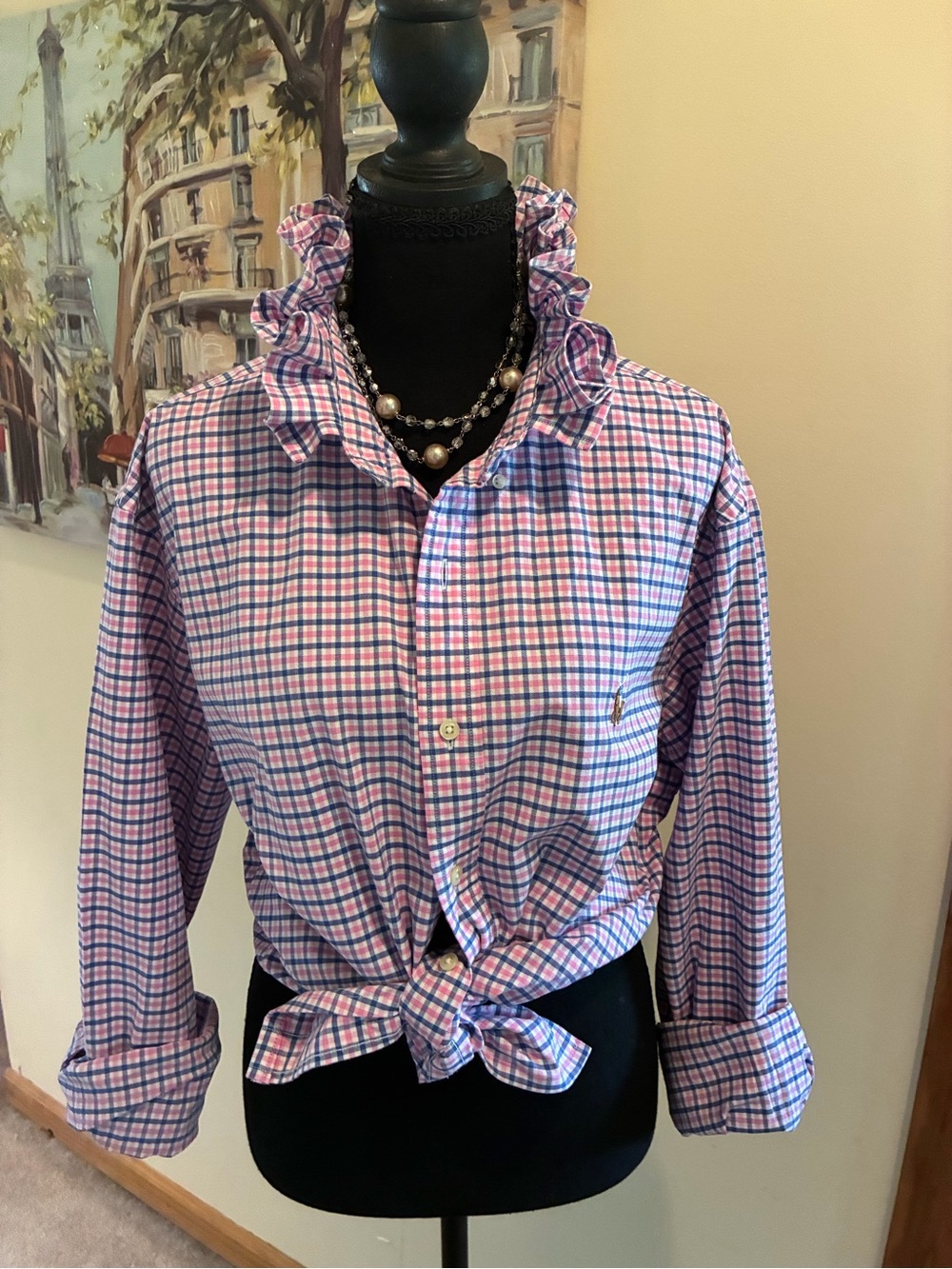 Ralph Lauren Blue & Pink Plaid Ruffle-Collar Button-Front Shirt